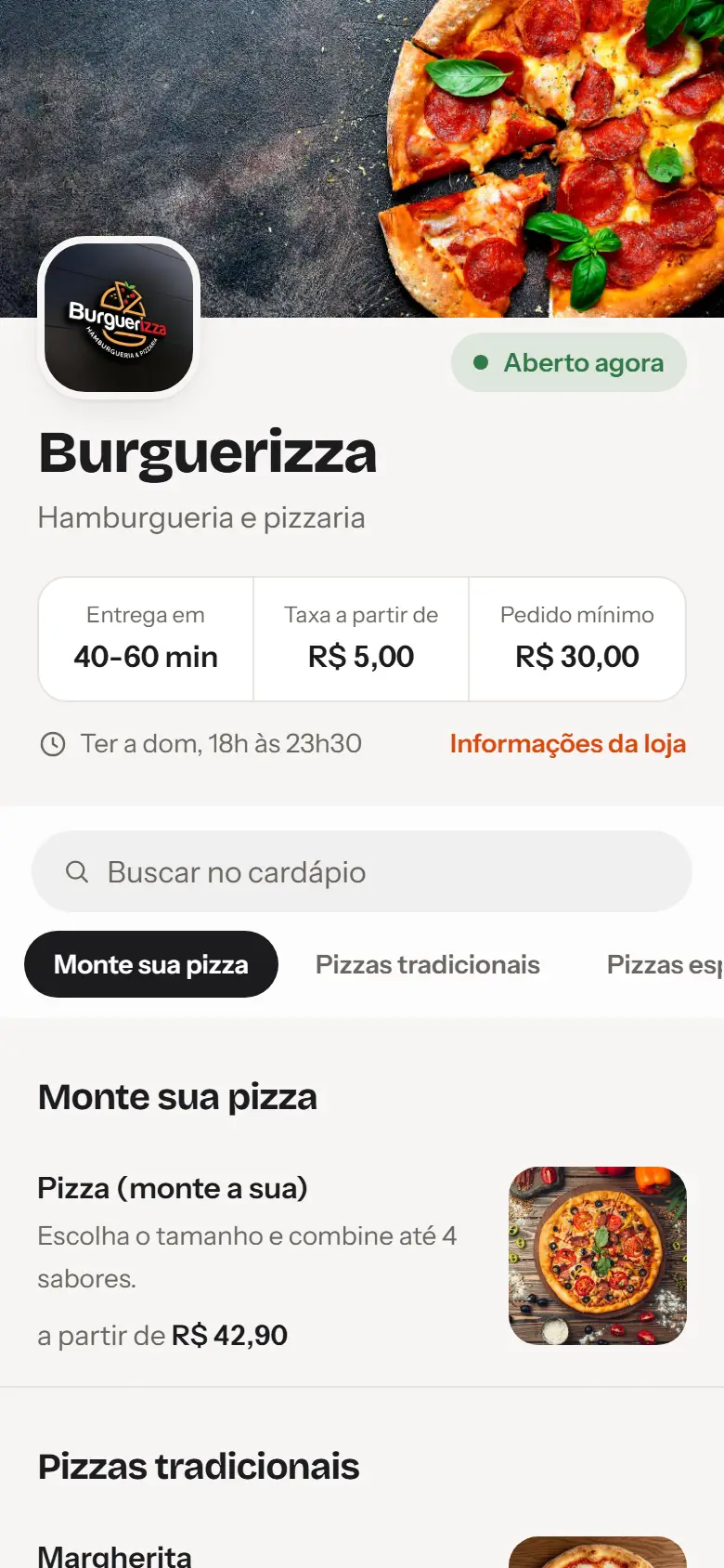 Cardápio da loja no celular do cliente