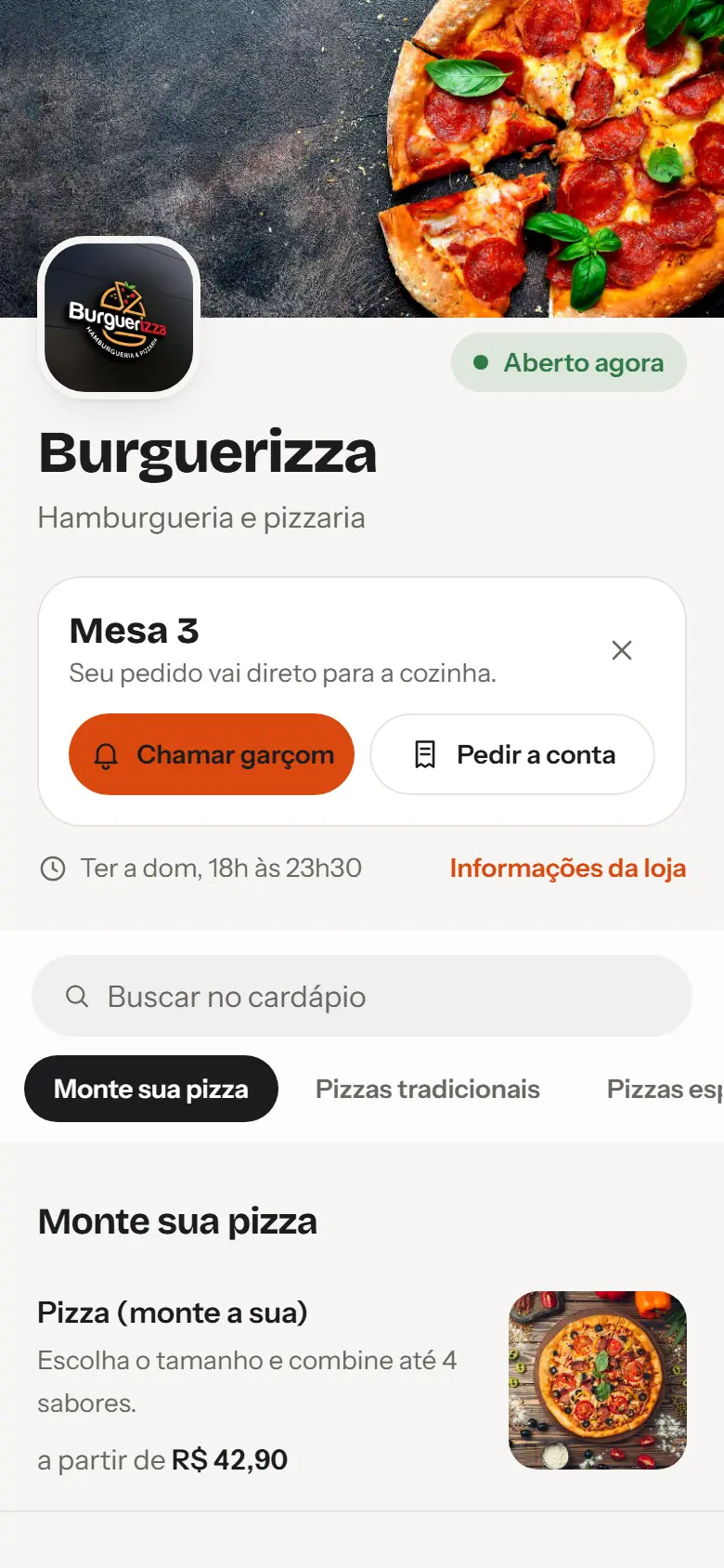 Cardápio aberto pelo QR code da mesa, com os botões de chamar garçom e pedir a conta