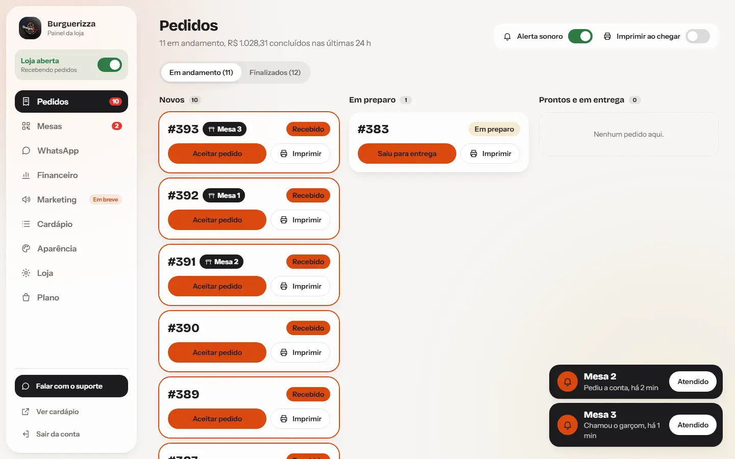 Painel com pedidos identificados por mesa e chamados de garçom