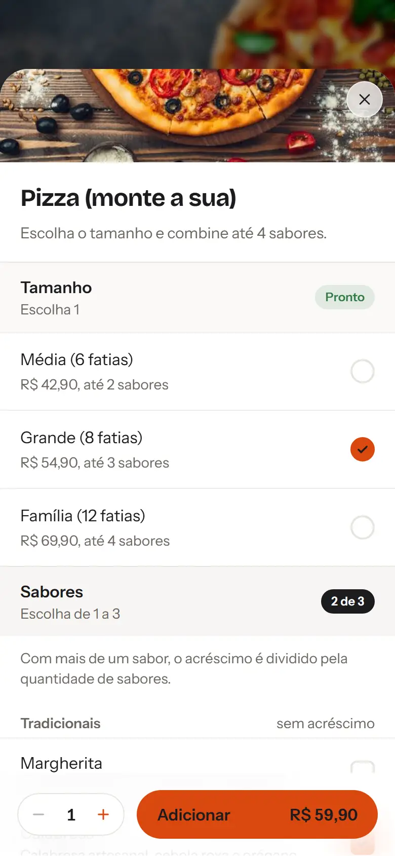 Escolha de tamanho e sabores da pizza